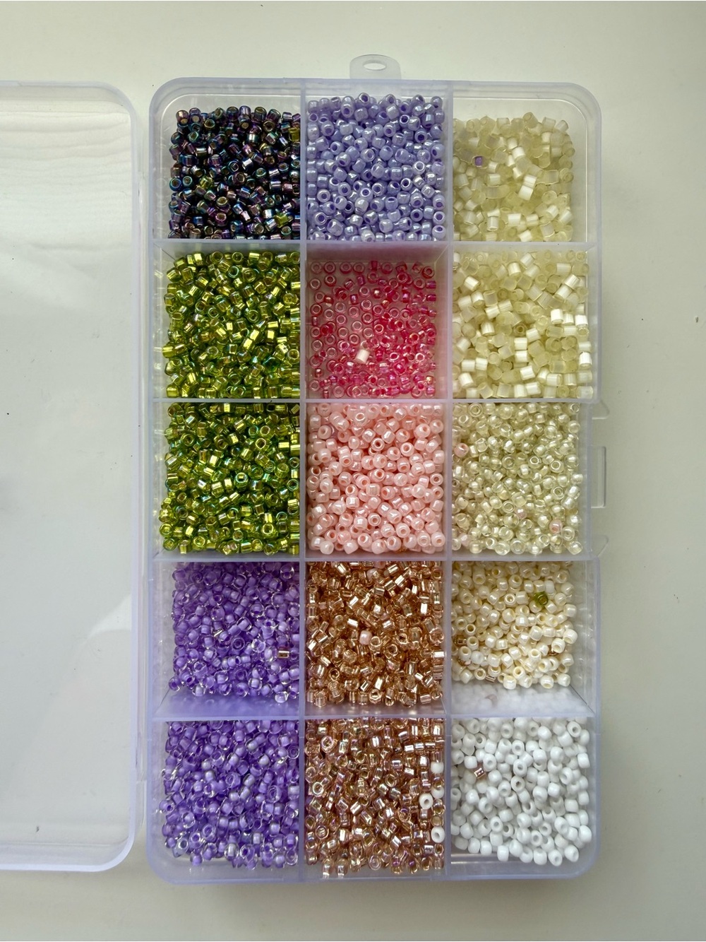 Assorted Seed Czech Glads Beads in Organizer - Purple, Pink, Green, Gold, White